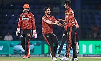 Sunrisers Hyderabad's Washington Sundar celebrates the wicket of Delhi Capitals' Prithvi Shaw