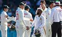 Players shake hands at the close of the drawn third Test in Sydney