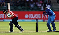 England's Alice Capsey is bowled by India's Renuka Thakur