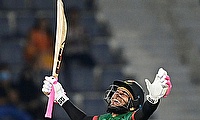 Bangladesh batter Mushfiqur Rahim celebrates after scoring a century