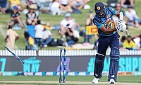 Sri Lanka’s Kasun Rajitha is bowled as his side struggles to 157 all out in the third one-day international against New Zealand in Hamilton