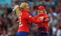 England's Sarah Glenn celebrates after bowling out Australia's Alyssa Healy