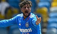 Kuldeep Yadav of India celebrates the dismissal of Yannic Cariah of West Indies