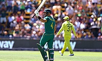 South Africa's Aiden Markram celebrates after reaching his half century