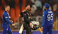 New Zealand's Rachin Ravindra and Devon Conway celebrate after the match