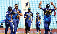 Sri Lanka's Maheesh Theekshana celebrates the wicket of Netherlands' Scott Edwards