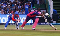 Obed Mccoy of the Paarl Royals is stumped by Quinton de Kock