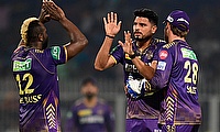 Kolkata Knight Riders' bowler Vaibhav Arora celebrate with teammates after taking wicket of Yashasvi Jaiswal