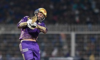 Kolkata Knight Riders' Venkatesh Iyer plays a shot during the IPL