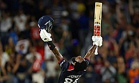 Aaron Jones of USA celebrates winning the opening T20 World Cup match