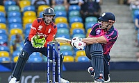 On the attack: Scotland's George Munsey hammered 41 not out to put the pressure on defending T20 World Cup champions England