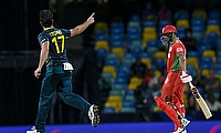 Australia's Marcus Stoinis celebrates the dismissal of Oman's Aqib Ilyas in their T20 World Cup opener in Barbados