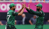 Pakistan's Haris Rauf celebrates with Fakhar Zaman