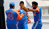 India's Jasprit Bumrah celebrates after taking the wicket of Afghanistan's Rahmanullah Gurbaz