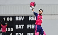 Quinton de Kock of Barbados Royals celebrates his century