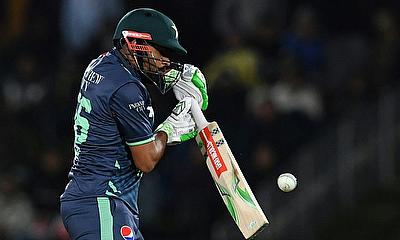 Pakistan's Babar Azam plays a shot against New Zealand