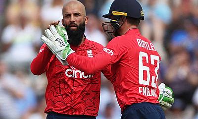 England's Moeen Ali celebrates with Jos Buttler