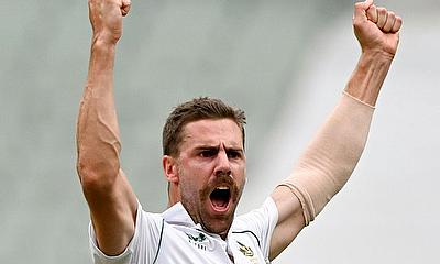 South Africa's Anrich Nortje celebrates dismissing Australia's David Warner