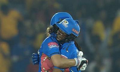 Mumbai Indians' Harmanpreet Kaur and Nat Sciver - Brunt celebrate