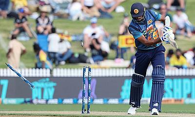 Sri Lanka’s Kasun Rajitha is bowled as his side struggles to 157 all out in the third one-day international against New Zealand in Hamilton