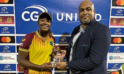 Marketing Manager Mgr of Caribcation Christopher Gustave with Player of the Match Hayley Williams