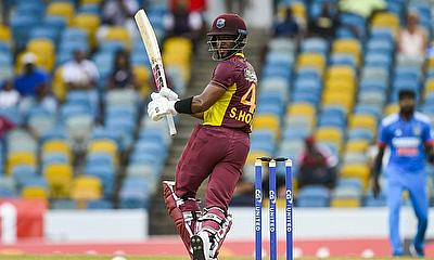 Shai Hope of West Indies hits a boundary against India on Saturday