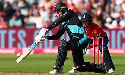 New Zealand's Finn Allen in action as he hits a six