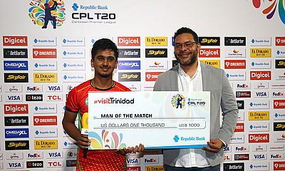 Saim Ayub of Guyana Amazon Warriors collects his Man of the Match award