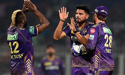 Kolkata Knight Riders' bowler Vaibhav Arora celebrate with teammates after taking wicket of Yashasvi Jaiswal