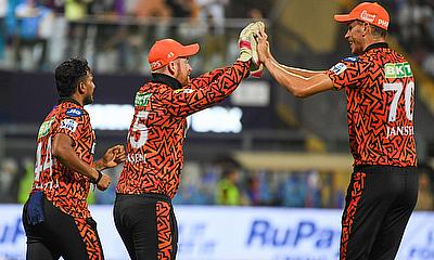 Sunrisers Hyderabad's Heinrich Klaasen celebrates with teammates