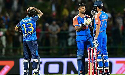 India's captain Suryakumar Yadav (C) and Shubman Gill (R) celebrate after winning the super over