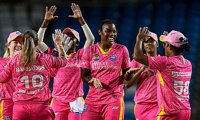 Chinelle Henry (R) of Barbados Royals celebrates with teammates