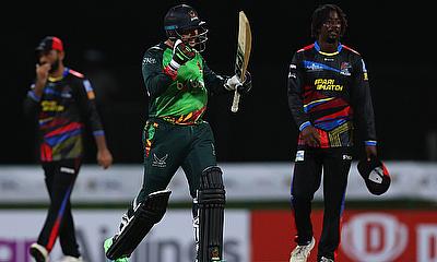 Tabraiz Shamsi of St Kitts and Nevis Patriots celebrates the victory