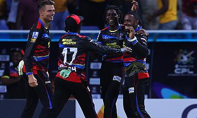 Fabian Allen of Antigua & Barbuda Falcon celebrates with teammates