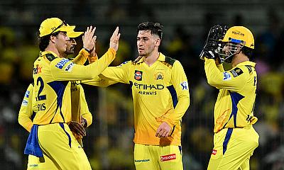 Chennai Super Kings' Noor Ahmad celebrates with teammates Chennai Super Kings' Noor Ahmad celebrates with teammates