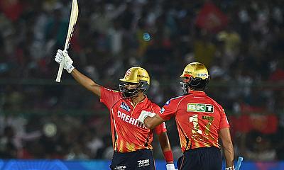 Punjab Kings' Shreyas Iyer celebrates after reaching his half century Punjab Kings' Shreyas Iyer celebrates after reaching his half century
