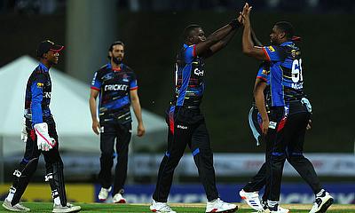 Jayden Seales of Antigua & Barbuda Falcons celebrates with teammates Jayden Seales of Antigua & Barbuda Falcons celebrates with teammates