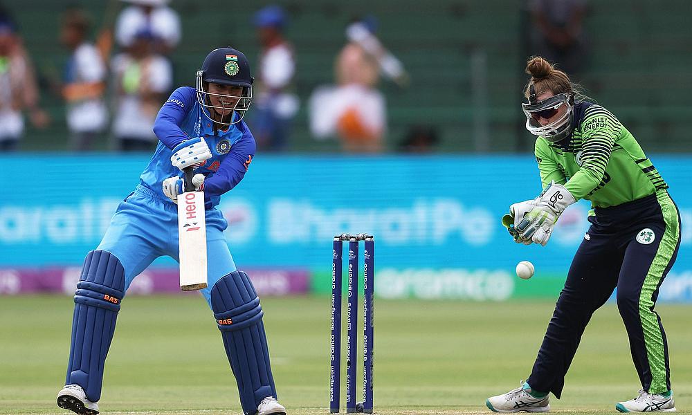 Smriti Mandhana of India plays a shot