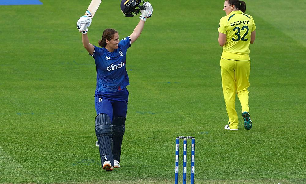 England's Nat Sciver-Brunt celebrates reaching her century