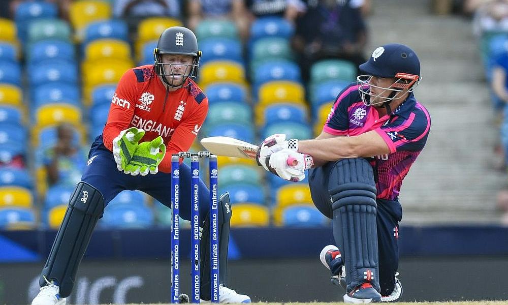 On the attack: Scotland's George Munsey hammered 41 not out to put the pressure on defending T20 World Cup champions England