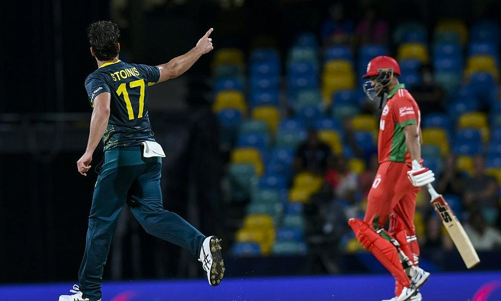 Australia's Marcus Stoinis celebrates the dismissal of Oman's Aqib Ilyas in their T20 World Cup opener in Barbados